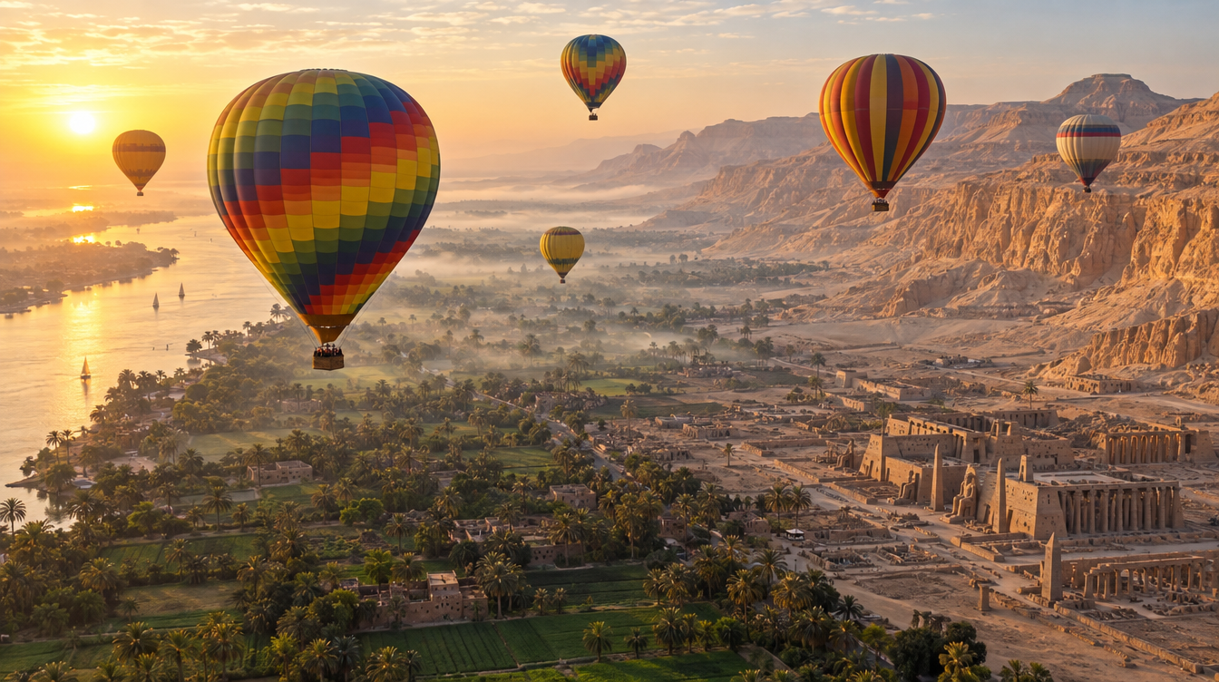 Hot-air balloons at sunrise over the West Bank of Luxor