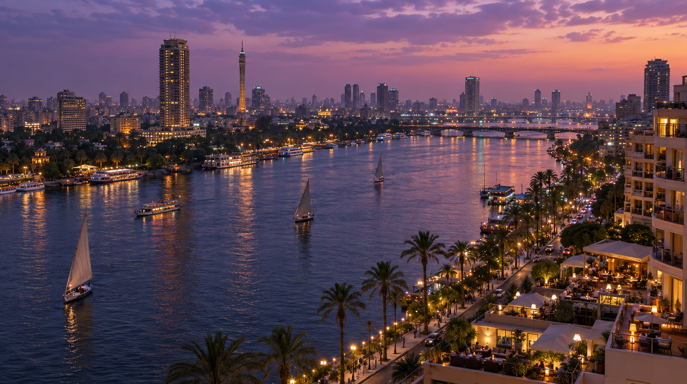 Evening over the Nile in Cairo from a hotel terrace