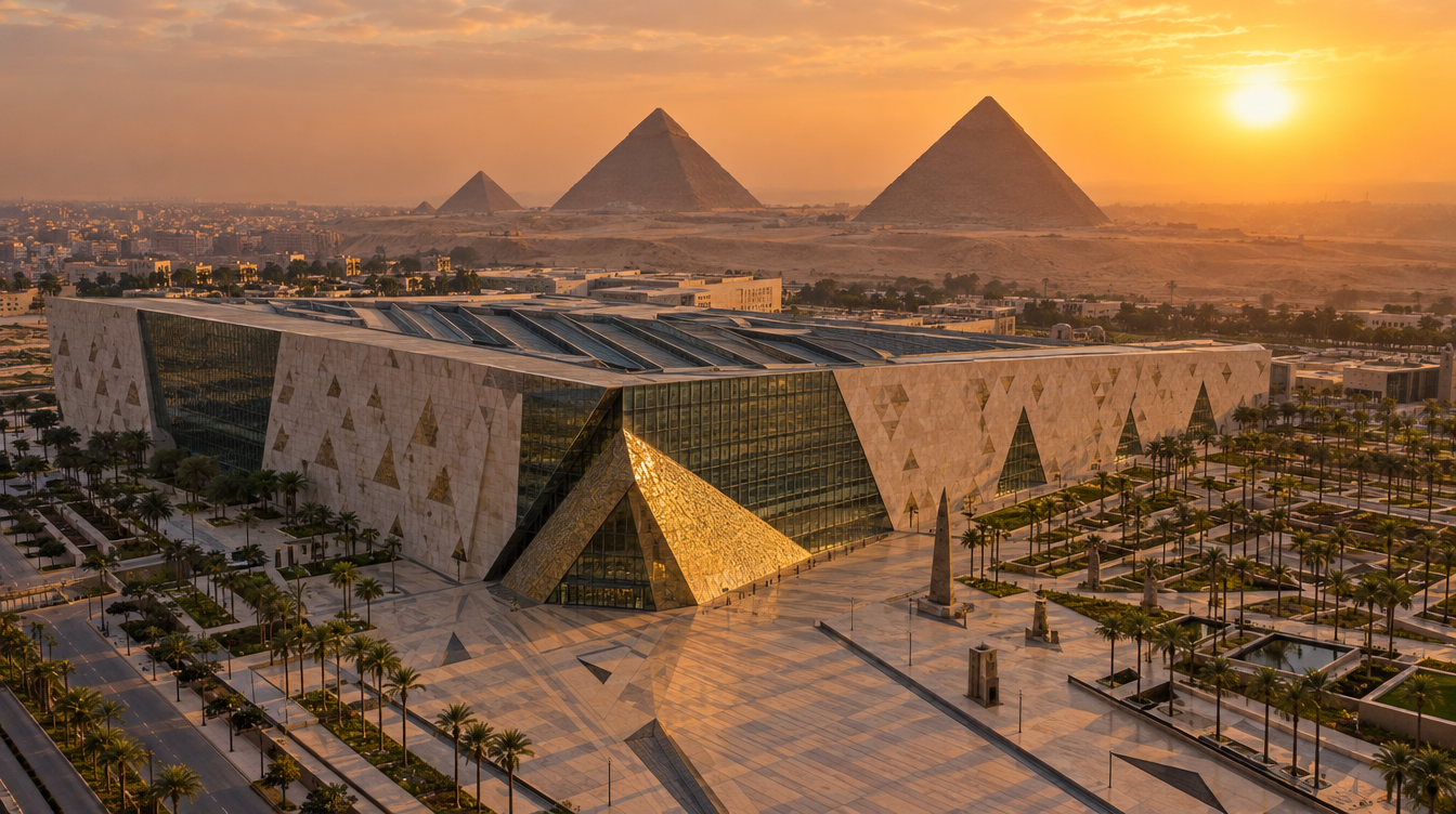 Illustration of a museum facade with pyramid forms and the Giza pyramids beyond, in warm light