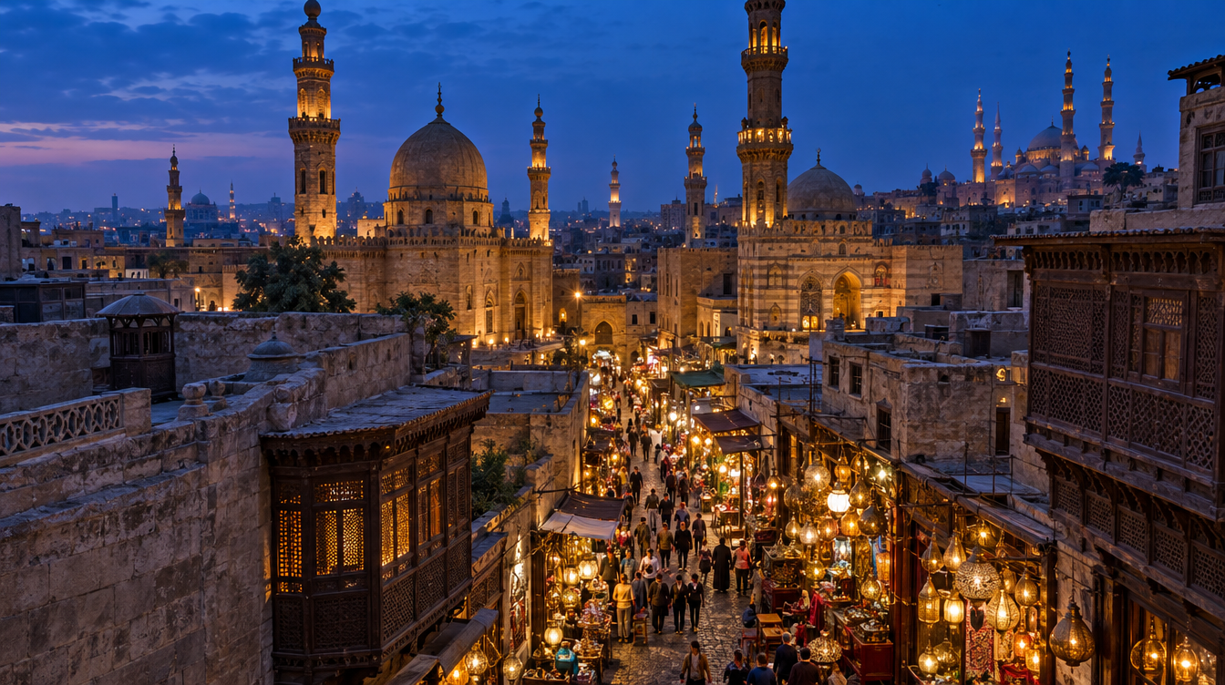 Khan el-Khalili at blue hour, lanterns glowing in the lane, Islamic Cairo