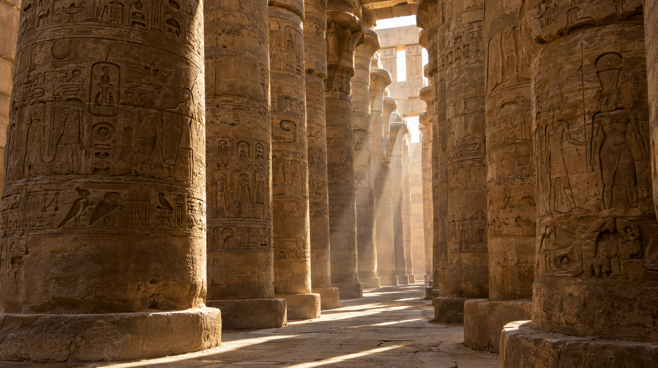 The hypostyle hall at Karnak, columns in low golden light