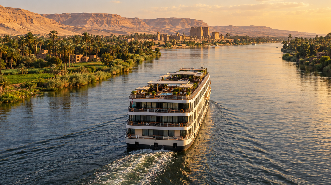 A Nile ship sailing between Edfu and Kom Ombo, palms on the bank