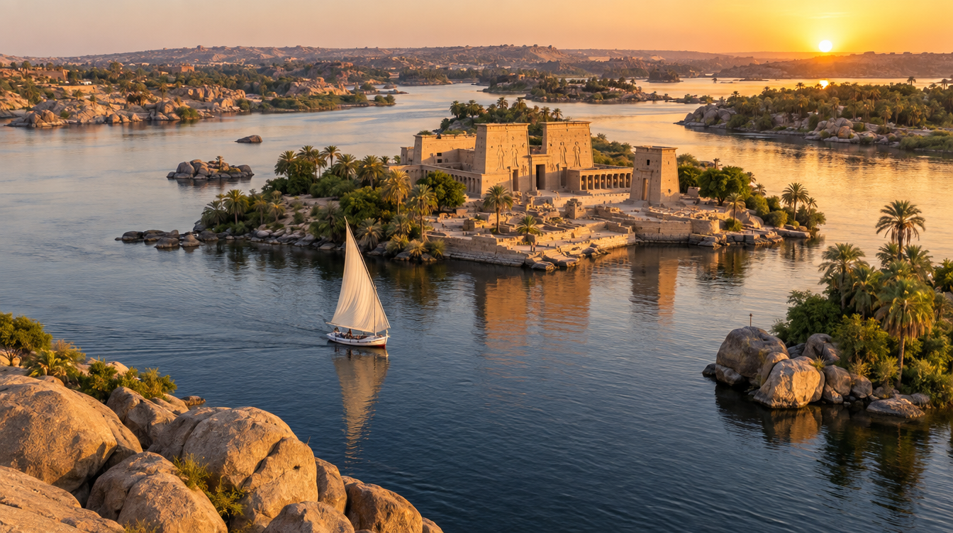 Philae temple seen from the water, and a felucca under sail near Aswan