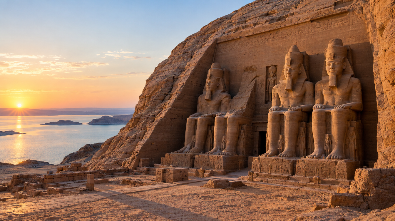 The colossal statues of Ramses II at Abu Simbel at first light