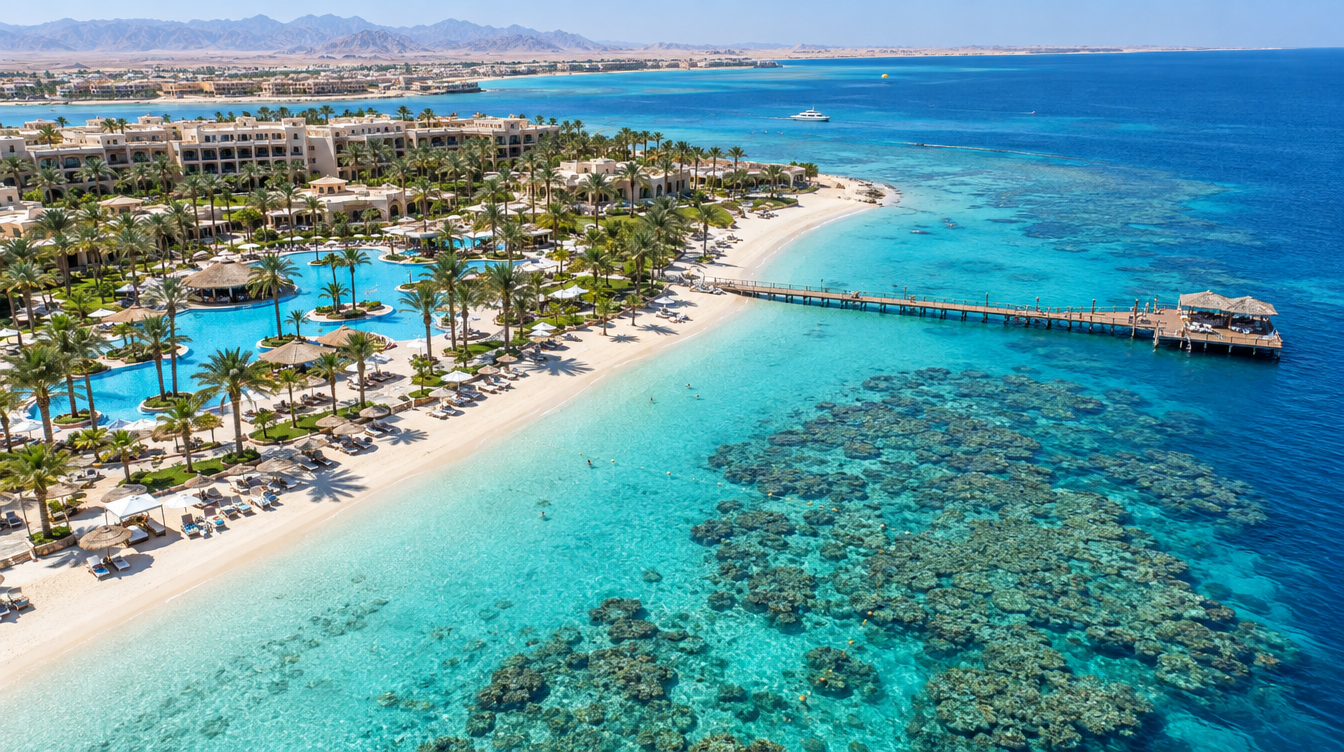 Turquoise lagoon and a five-star resort beach in Hurghada from above