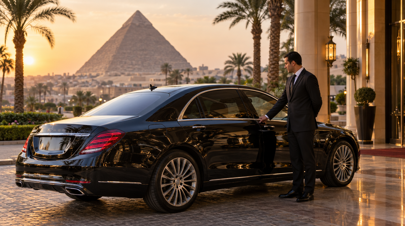 A black Mercedes S-Class with a driver waiting at a hotel entrance in Giza